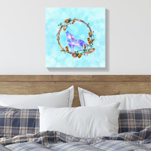 Paarse Waterverf Wolf met een Boho Wreath Canvas Afdruk (Insitu (Slaapkamer))
