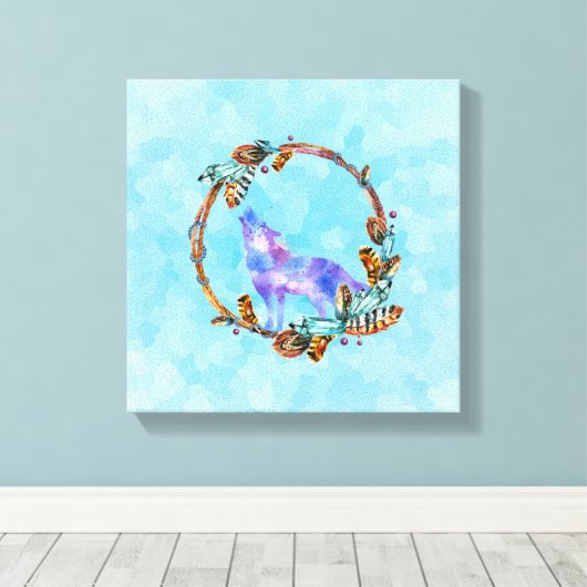 Paarse Waterverf Wolf met een Boho Wreath Canvas Afdruk (Insitu (Houten vloer))