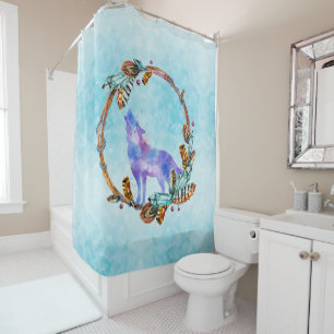 Paarse Waterverf Wolf met een Boho Wreath Douchegordijn