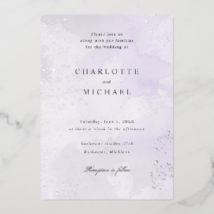 Paarse waterverf zilveren folie bruiloft folie uitnodiging