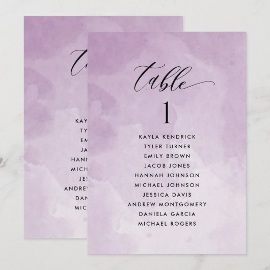 Paarse Waterverf Zitplankaartje met gastnamen (Voorkant / Achterkant)
