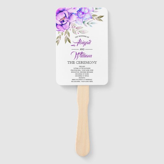Paarse waterverven bruiloft programma hand-fan handwaaier (Voorkant)