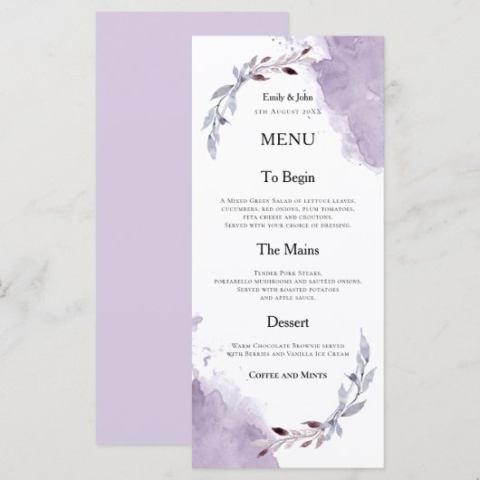 Paarse Waterverven Foliage Tekst Wedding Menu (Voorkant / Achterkant)