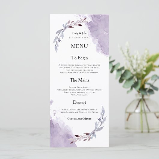 Paarse Waterverven Foliage Tekst Wedding Menu (Staand voorkant)