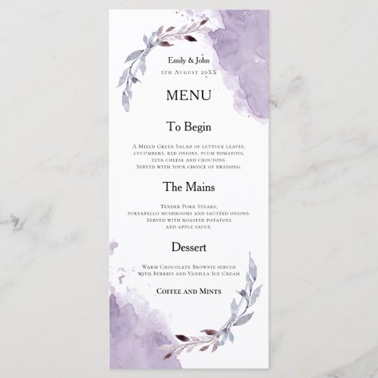 Paarse Waterverven Foliage Tekst Wedding Menu (Voorkant)