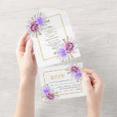 Paarse waterverven gouden lijsten bruiloft all in one uitnodiging (Afscheurbaar)