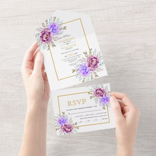 Paarse waterverven gouden lijsten bruiloft all in one uitnodiging (Afscheurbaar)