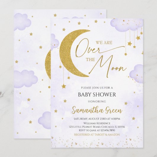 Paarse We Are Over The Moon Baby shower Kaart (Voorkant / Achterkant)