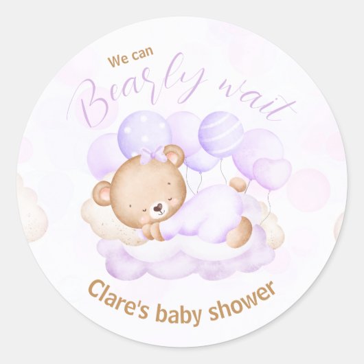 Paarse We kunnen bijna Baby shower Stickers wachte (Voorkant)