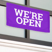 Paarse we zijn open sjabloon business banner teken (Buitenkant Gebouw)