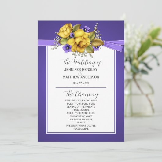 Paarse weddenschappen met gele rozen kaart (Staand voorkant)