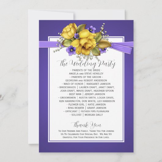 Paarse weddenschappen met gele rozen kaart (Achterkant)