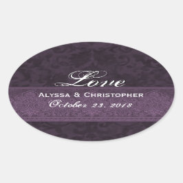 Paarse Wedding Love Damask en Ribbon Ovale Sticker