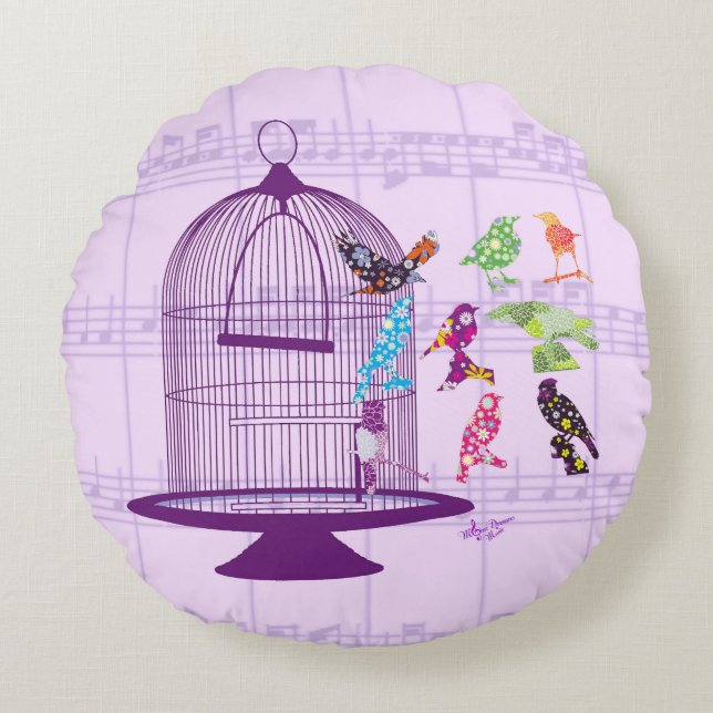 Paarse wedstrijd & vogelblad Music Round Pillow Rond Kussen (Voorkant)
