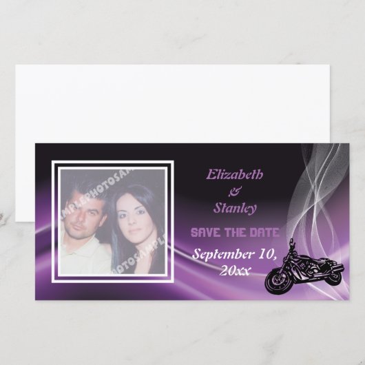 Paarse wegfietser trouwkaart Save the Date fotokaa (Voorkant / Achterkant)