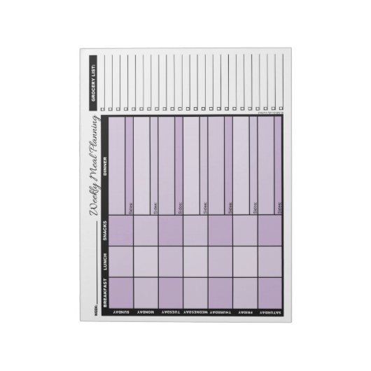 Paarse wekelijkse maaltijdplanner met lijst van ke notitieblok (Linkerzijde)
