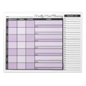 Paarse wekelijkse maaltijdplanner met lijst van ke notitieblok (Voorkant)