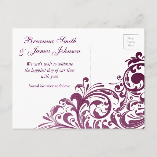 Paarse werveling Bewaar de datum fotokaart Aankondigingskaart (Achterkant)