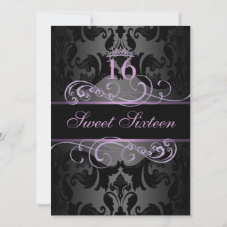 Paarse Werveling Damast Sweet16 Verjaardagsuitnodi Kaart