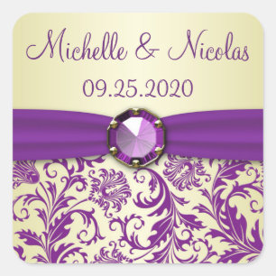 Paarse wervelingen op golden Save the Date Sticker