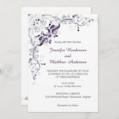 Paarse wervelingen op witte bruiloft uitnodiging (Voorkant / Achterkant)