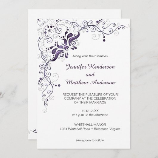 Paarse wervelingen op witte bruiloft uitnodiging (Voorkant / Achterkant)