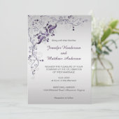  Paarse wervelingen op zilveren huwelijksuitnodigi Kaart (Staand voorkant)