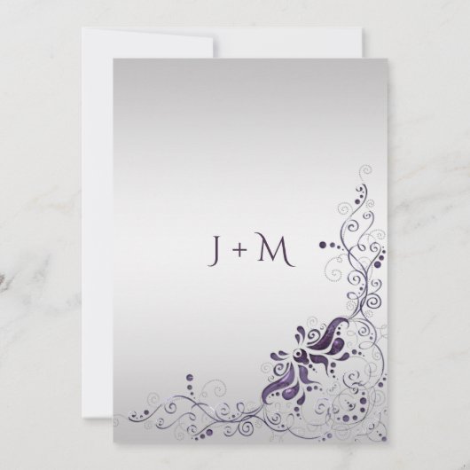  Paarse wervelingen op zilveren huwelijksuitnodigi Kaart (Achterkant)