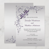  Paarse wervelingen op zilveren huwelijksuitnodigi Kaart (Voorkant / Achterkant)