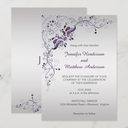  Paarse wervelingen op zilveren huwelijksuitnodigi Kaart (Voorkant / Achterkant)
