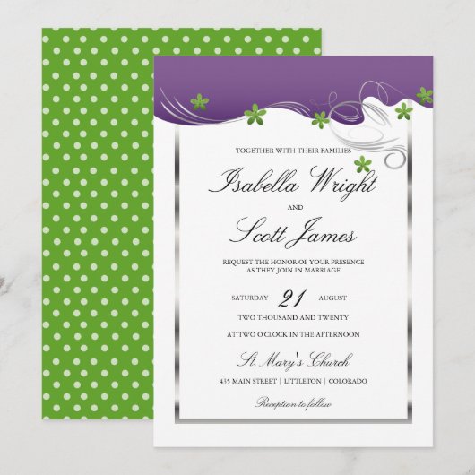 Paarse wervelkolom en groene Floral Design Wedding Kaart (Voorkant / Achterkant)