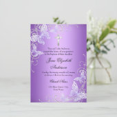 Paarse wervelvlinder & cross-baptisme Invite Kaart (Staand voorkant)