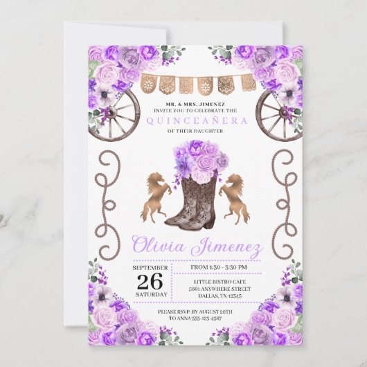 Paarse Westerne Charra Floral Boots Quinceañera Kaart (Voorkant)