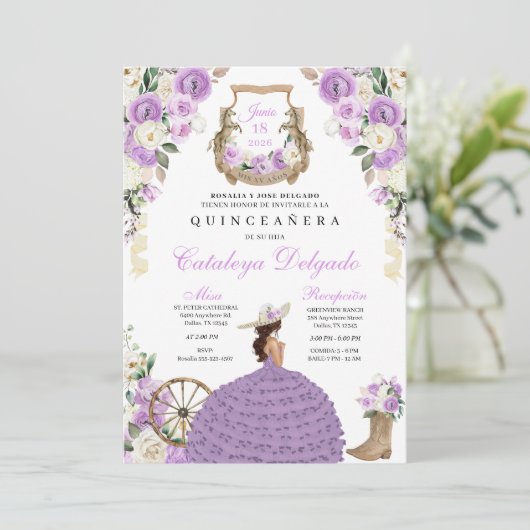Paarse Westerne Fiesta Charro Quinceañera Kaart (Staand voorkant)