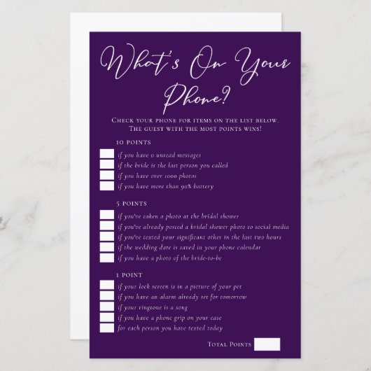 Paarse What's On Your Phone Bruiloftsspel (Voorkant / Achterkant)