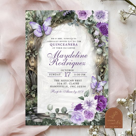 Paarse Whimsical Bos Quinceanera Kaart