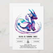 Paarse Whimsical Dragon Digitale Meisje Verjaardag Kaart (Voorkant / Achterkant)