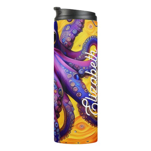 Paarse Whimsical Octopus met persoonlijke naam Thermosbeker (Geroteerd rechts)