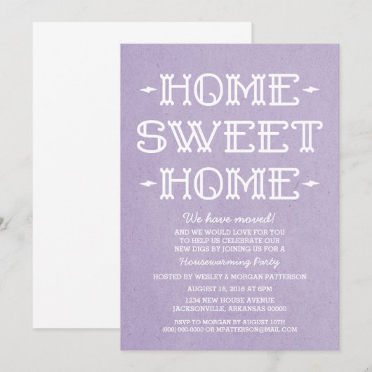 Paarse Whimsical Sweet Home Housewarming Party Kaart (Voorkant / Achterkant)