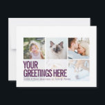 Paarse White 6 foto's Moderne Universele Groeten Briefkaart<br><div class="desc">Gepersonaliseerde paarse witte 6 familiefoto's Moderne en Sharp Universal Greetings Briefkaarten met een stijlvolle fotocollage met 6 aangepaste afbeeldingen, uw begroetingsbericht in vette letters en het bekijken van moderne sans serif doopvont, jouw naam, date, jaar, bericht op de rug in een minimaal typografisch en koel sans serif doopvont. Zwart-wit minimalistisch...</div>