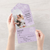 Paarse White Blossoming Branches Foto Wedding All In One Uitnodiging (Afscheurbaar)