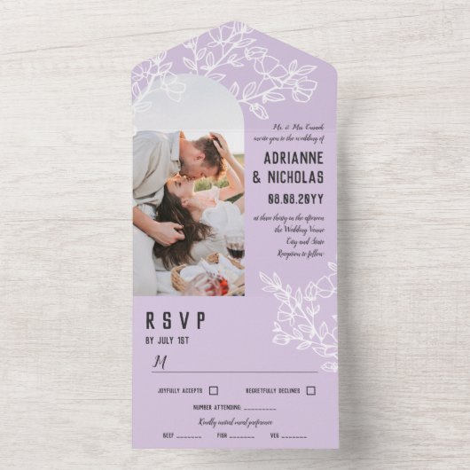 Paarse White Blossoming Branches Foto Wedding All In One Uitnodiging (Binnen)