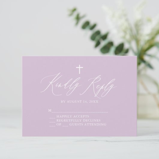 Paarse White Cross-Girl Baptism RSVP-kaart RSVP Kaartje (Staand voorkant)