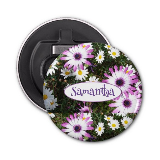 Paarse White Daisy Flower Garden  naam Button Flesopener (Voorkant)