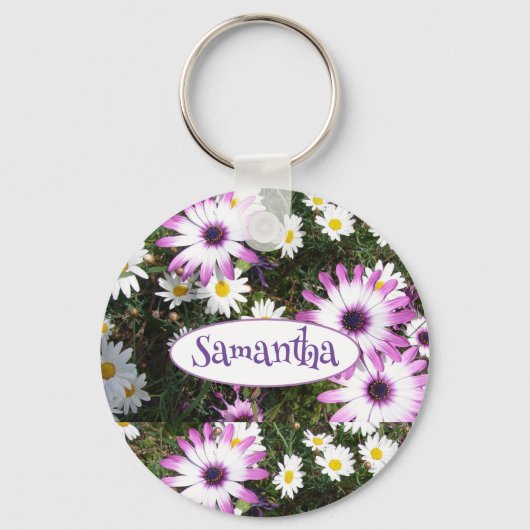 Paarse White Daisy Flower Garden  naam Sleutelhanger (Voorkant)