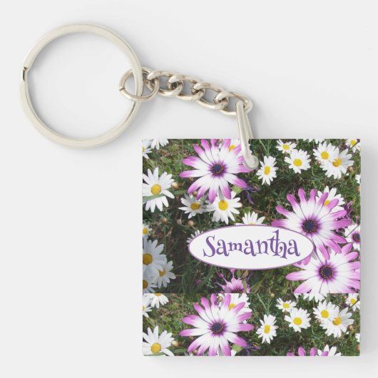 Paarse White Daisy Flower Garden  naam Sleutelhanger (voorkant)