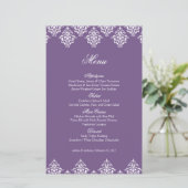 Paarse White Damask Arabesque Wedding Menu Kaart (Staand voorkant)