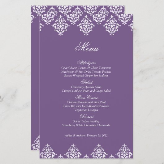 Paarse White Damask Arabesque Wedding Menu Kaart (Voorkant / Achterkant)