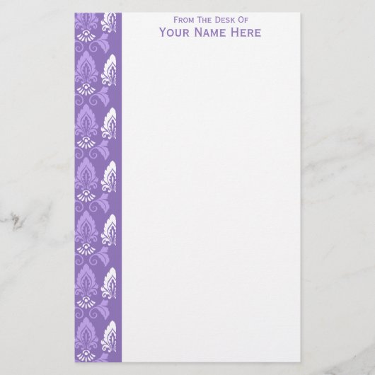 Paarse White Damask Border Briefpapier (Voorkant)