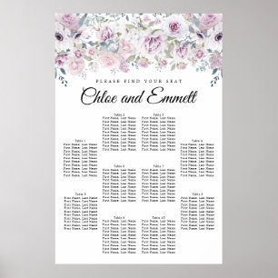 Paarse White Floral 10-Table Wedding Seating Chart Poster